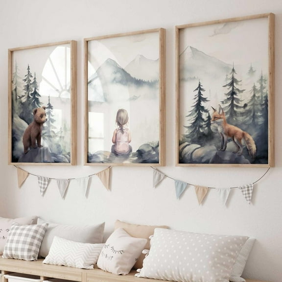 Luvia Woodland Animal Nursery Decor, Forest Animal Prints Girl, Set Of 3, Bear & Fox Print, Girls Room Nature Decor, Girl, Modern Wall Decor Set 3 Prints 8x12 UNFRAMED
