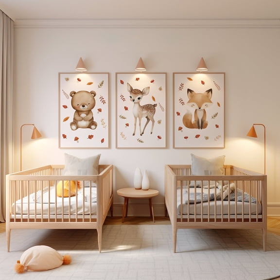 UNFFRAMED Woodland Animal Nursery Posters, Set, Neutral Nursery Animal Wall Art, Cute Baby Room Decor, Forest Theme Decor, Botanical Playroom Set 3 Prints 12x18