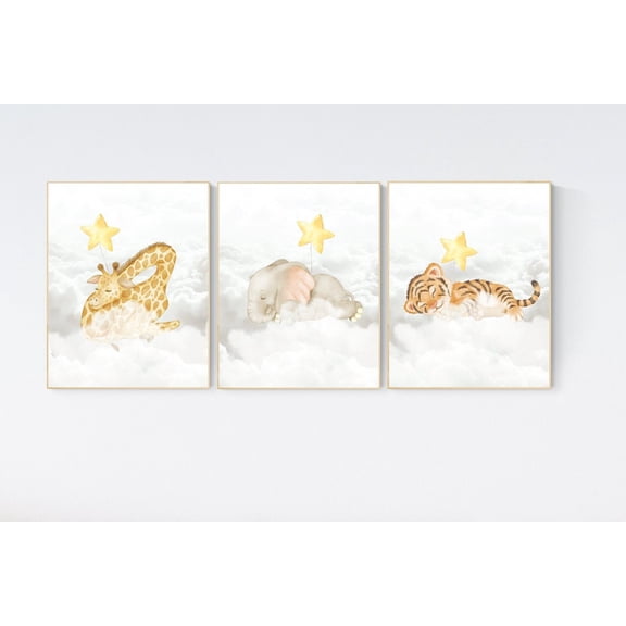 UNFFRAMED Woodland Animals, Sleeping On Clouds, Woodland Nursery Decor, Yellow Nursery, Animal Nursery Wall Art, Gender Neutral , Baby Room Decor #577 Set 3 Prints 12x18