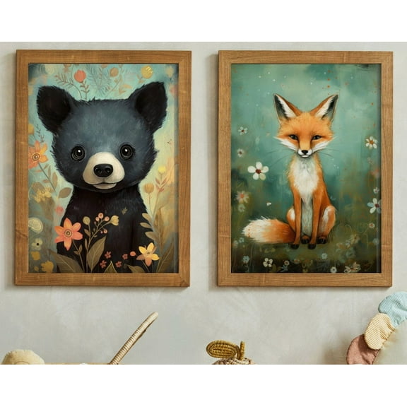 Luvia Woodland Animalset Of 2, Forest Animal Art, Bearfox Nursery, Rustic Baby Room Decor Neutral, Modern Wall Decor Set 2 Prints 8x12 UNFRAMED