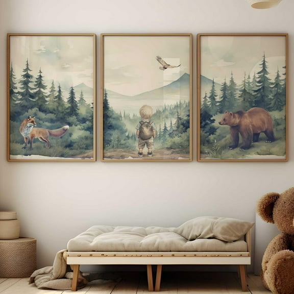 UNFFRAMED Woodland Boys Room, Woodland Animal Decor, Bear & Fox Print, Forest Nursery Art Set Of 3, Forest Animal Art, Mountain Art, Modern Wall Decor Set 3 Prints 8x12