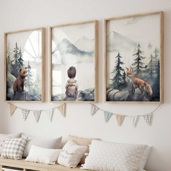 UNFFRAMED Woodland Nursery Fox & Bear Decor, Forest Animal Set Of 3, Woodland Animals, Forest Art, Bear And Boy, Boys Bedroom Decor, Modern Wall Decor Set 3 Prints 8x12
