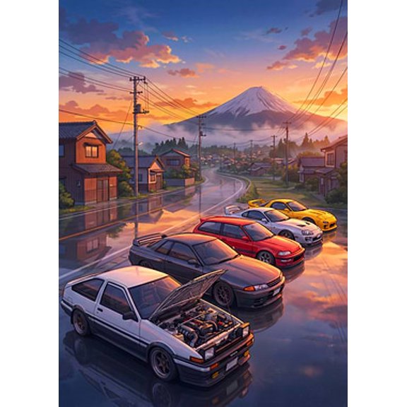 [UNFRAMED] Anime JDM Cars Sunset Mount Fuji Wall Art