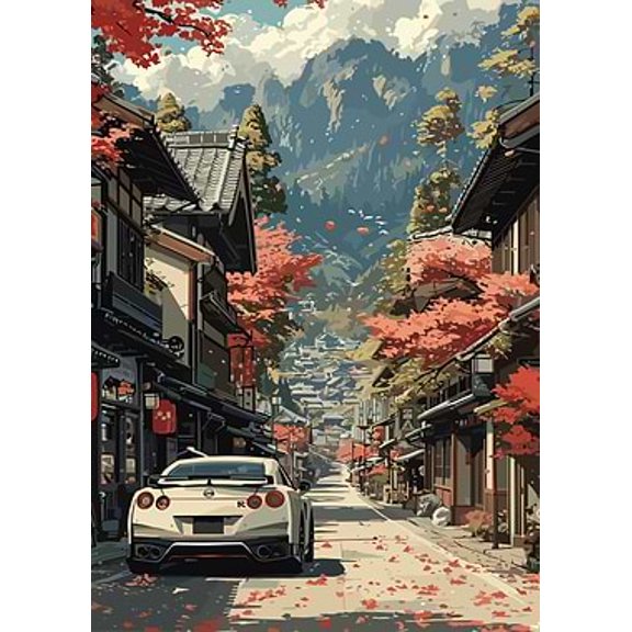 [UNFRAMED] Autumn Japanese Streetscape Wall Art - Nissan GT-R Room Decor