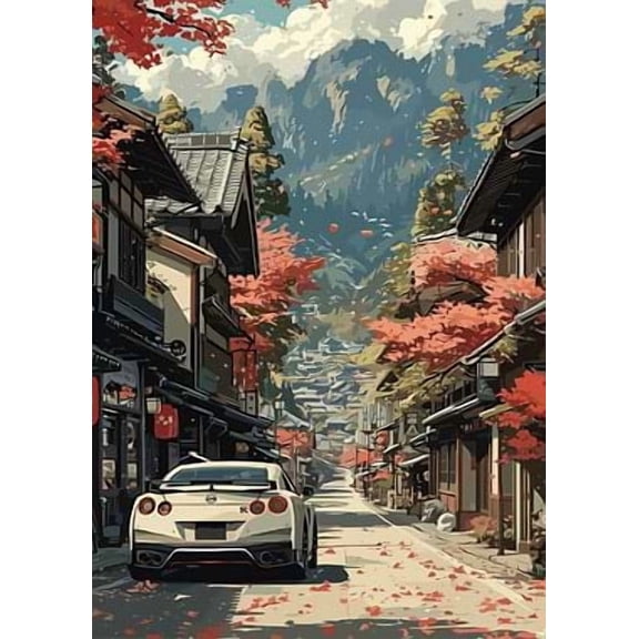[UNFRAMED] Autumn Japanese Streetscape with Nissan GTR Wall Art