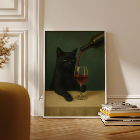 [UNFRAMED] Black Cat Wine Print, Moody Green Wall Art