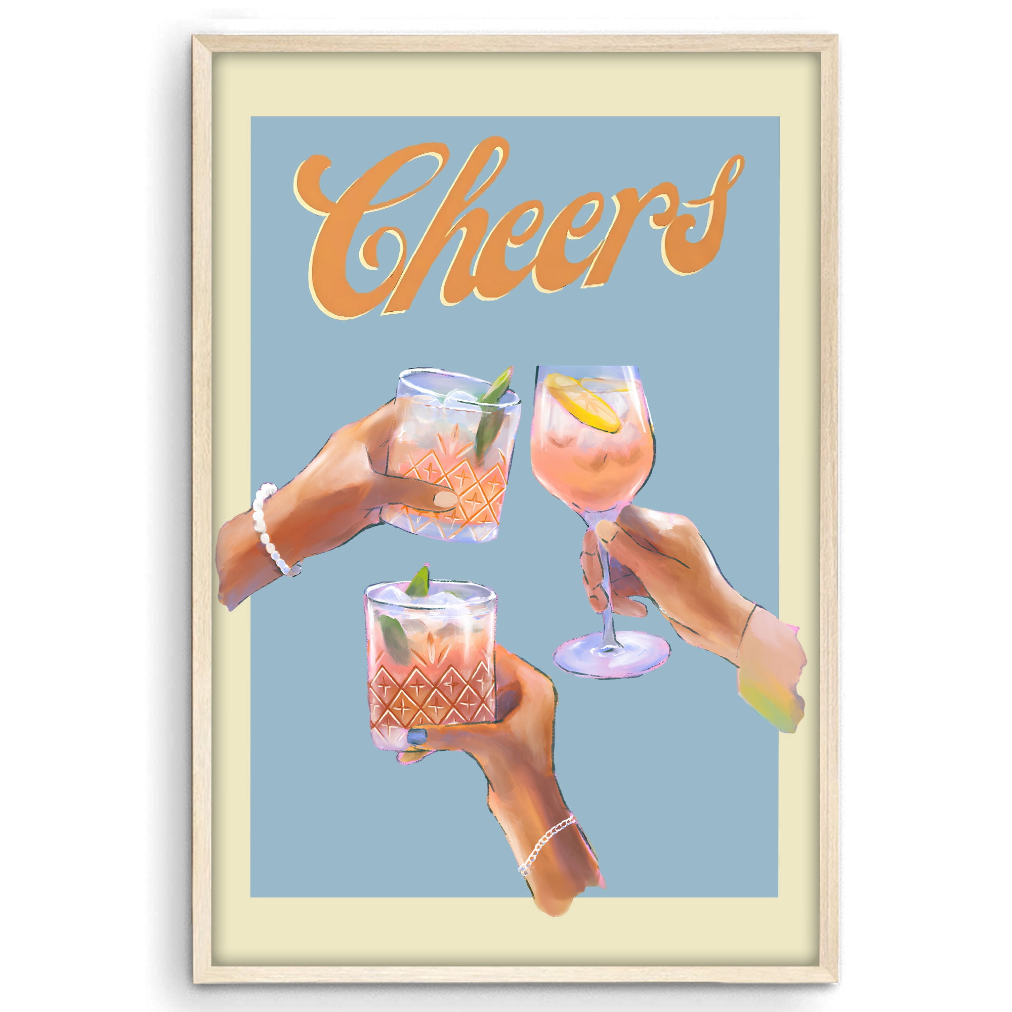 UNFRAMED Cheers Cocktail Poster - Retro Blue Bar Cart Wall Art For Fun ...