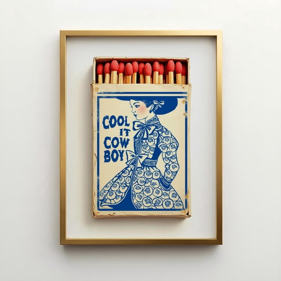 [UNFRAMED] Cool It Cowboy Matchbook Print, Coastal Cowgirl Millennial Granddaughter Toile Chinoiserie Cobalt Blue White Poster Western Decor Trendy Art