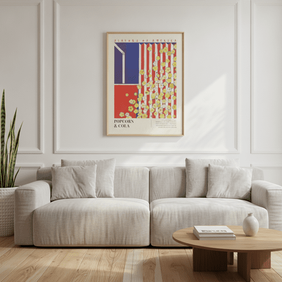 [UNFRAMED] DailyMood Retro Patriotic Popcorn and Cola Summer Americana Wall Art Poster Print Red White and Blue Kitchen Decor