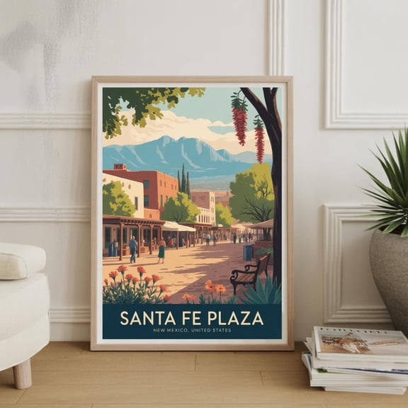 [UNFRAMED] DailyMood Vintage Santa Fe Plaza Southwestern Travel Art Print New Mexico Poster Warm Earth Tones
