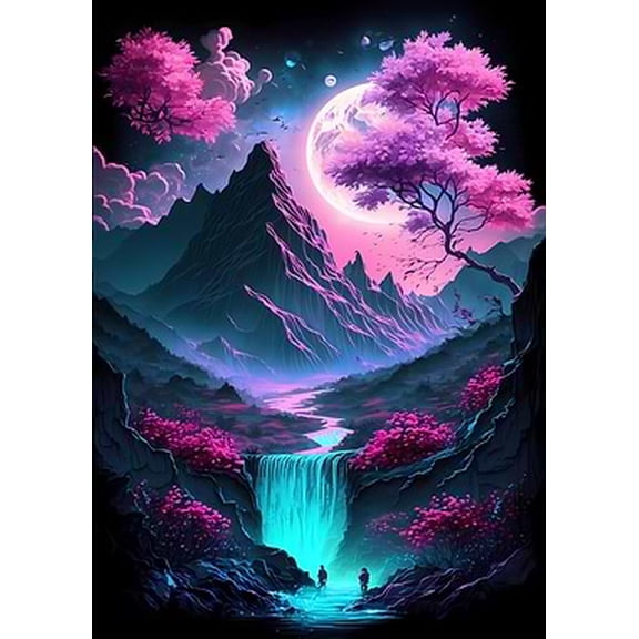 [UNFRAMED] Enchanted Sakura Moonlight Mountain Landscape Wall Art Decor