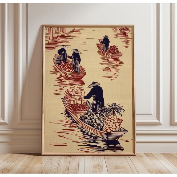 [UNFRAMED] Floating Market Poster,Asian River Boat Wall Art,Neutral Travel Print