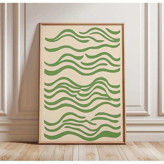 [UNFRAMED] Green Abstract Waves Poster, Minimal Line Wall Art, Organic Shape Print, Scandinavian Decor