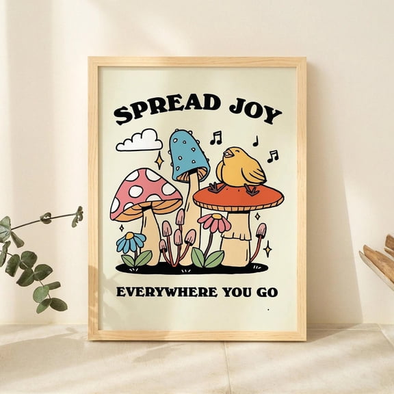 [UNFRAMED] Groovy Mushroom Print, Retro Cottagecore Wall Art, Kids Room Poster, Trendy Nursery, Wall Decor, White, Black Natural Wooden