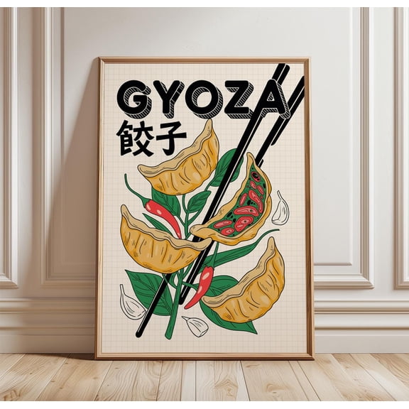 [UNFRAMED] Gyoza Poster | Japanese Dumpling Wall Art | Asian Food Kitchen Decor | Chopsticks Illustration Print | Modern Restaurant Style Wall Art