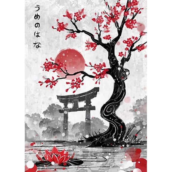 [UNFRAMED] Japanese Ink Wash Sakura Tree Wall Art with Red Sun and Torii Gate for Room Decor