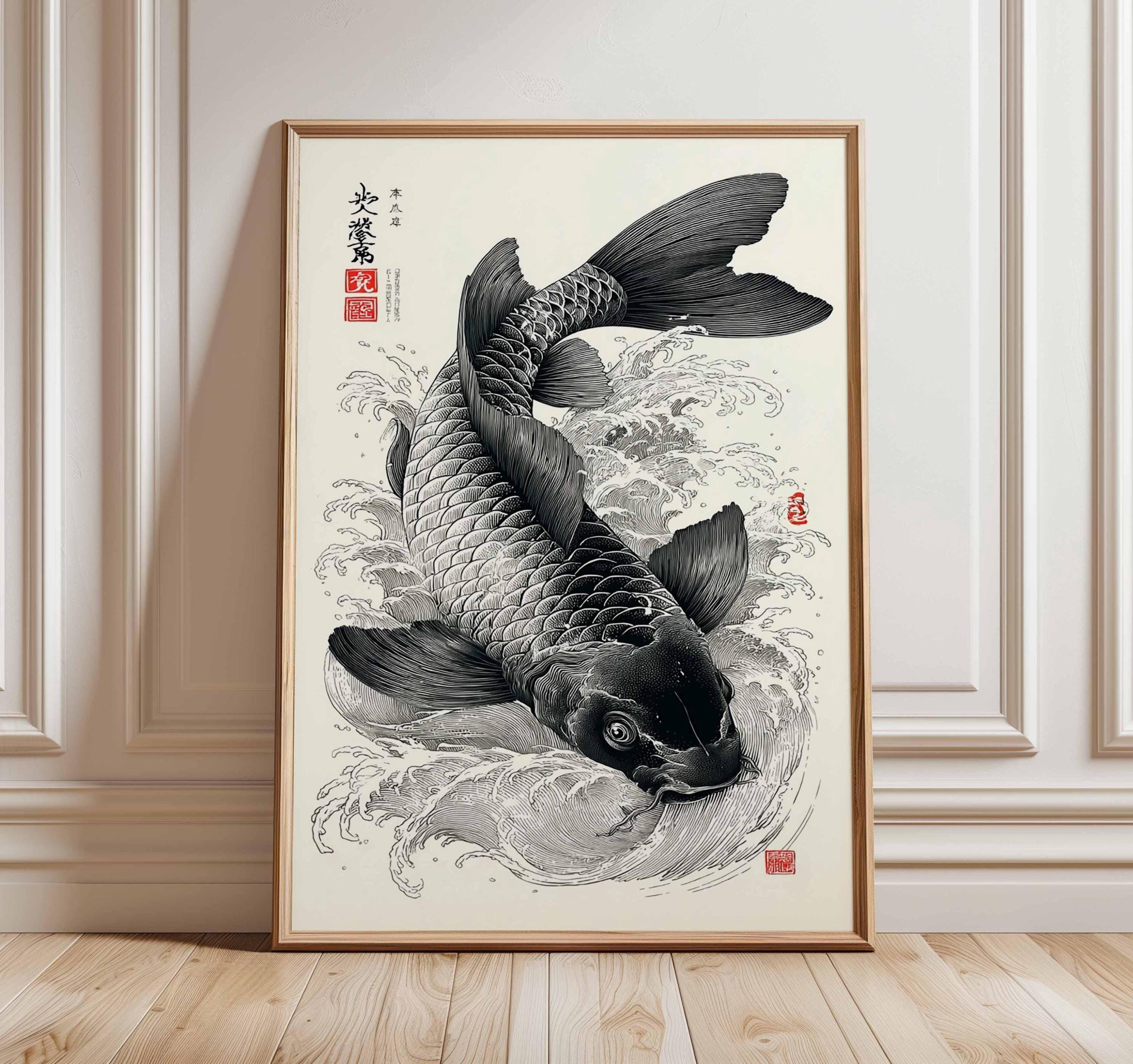 [UNFRAMED] Japanese Koi Fish Poster – Black Ink Tattoo Style Print ...