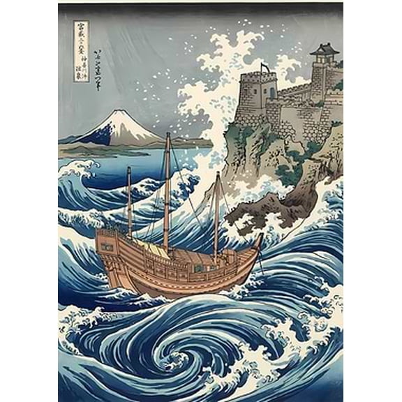 [UNFRAMED] Japanese Woodblock Print Style Wall Art with Mt. Fuji and a Ship in Rough Seas