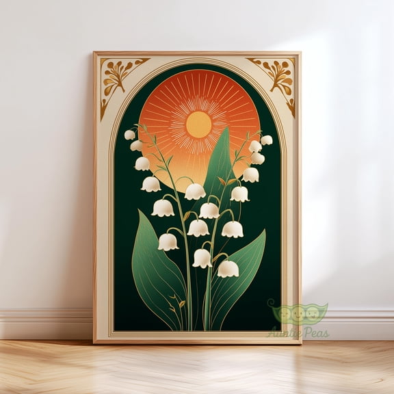 [UNFRAMED] Lily of the Valley Wall Art, Emerald Green Botanical Poster, Mystical Sun Illustration, Vintage Folk Boho Poster, Spiritual Floral Decor