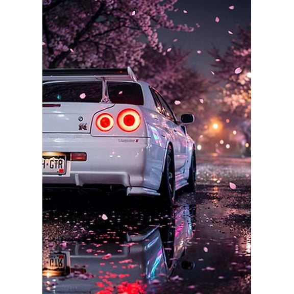 [UNFRAMED] Nissan Skyline GT-R R34 Cherry Blossom Night Wall Art