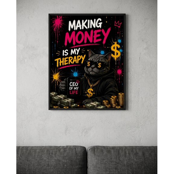 [UNFRAMED] StateSide Prints Funny CEO Cat Making Money Therapy Wall Art Print Poster Multicolor