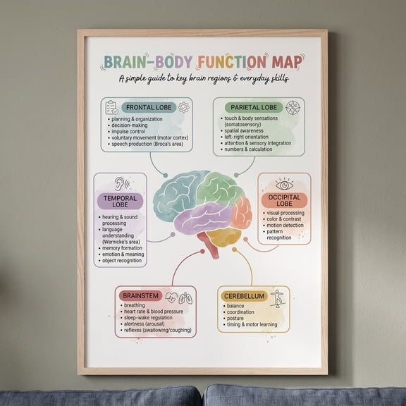 [UNFRAMED] StateSide Prints Mind Body Brain Map Poster Neuroscience Wall Art Psychology Classroom and Therapy Office Decor