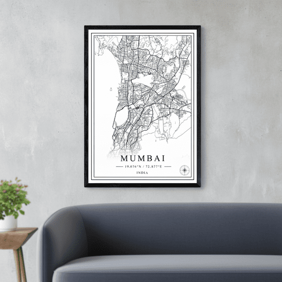 [UNFRAMED] StateSide Prints Mumbai India Black and White City Map Poster Wall Art Print
