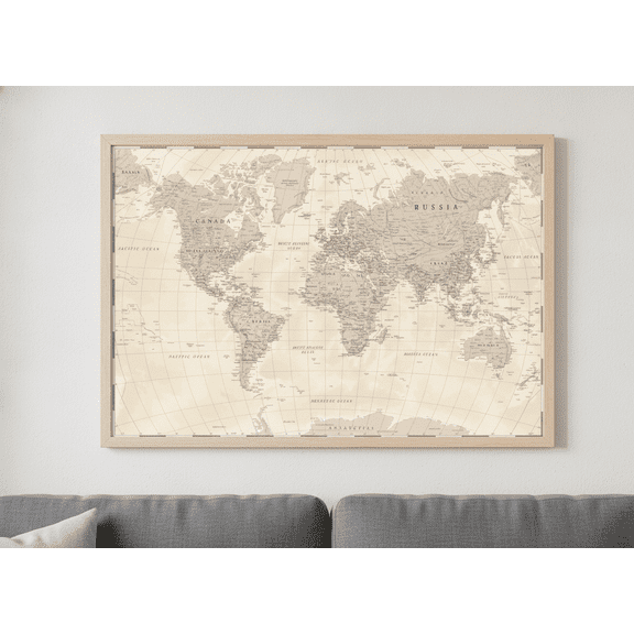 [UNFRAMED] StateSide Prints Neutral World Map Poster Travel Map Wall Art Decor for Living Room
