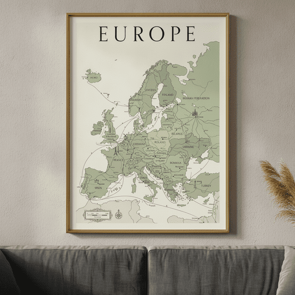 [UNFRAMED] StateSide Prints Vintage Europe Map Sage Green Travel Poster Wall Art Print
