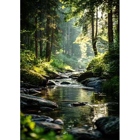 [UNFRAMED] Sun-Dappled Forest Stream Wall Art, Rustic Nature Decor
