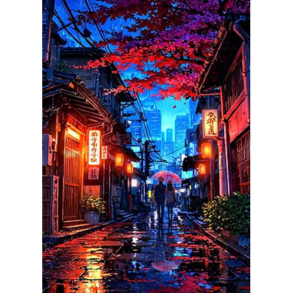 [UNFRAMED] Vibrant Neon Japanese Street Rain Night Art Print for Room Decor