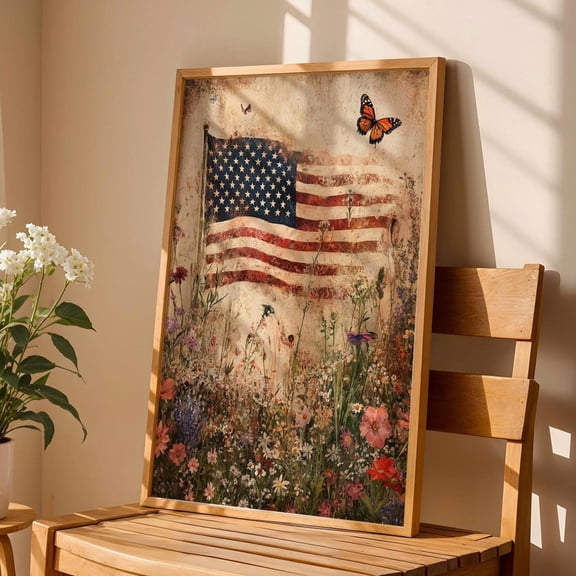 [UNFRAMED] Vintage American Flag Wildflowers Unframed Poster Wall Art Patriotic Print Rustic Fourth of July Decor Country Summer Home Red White Blue