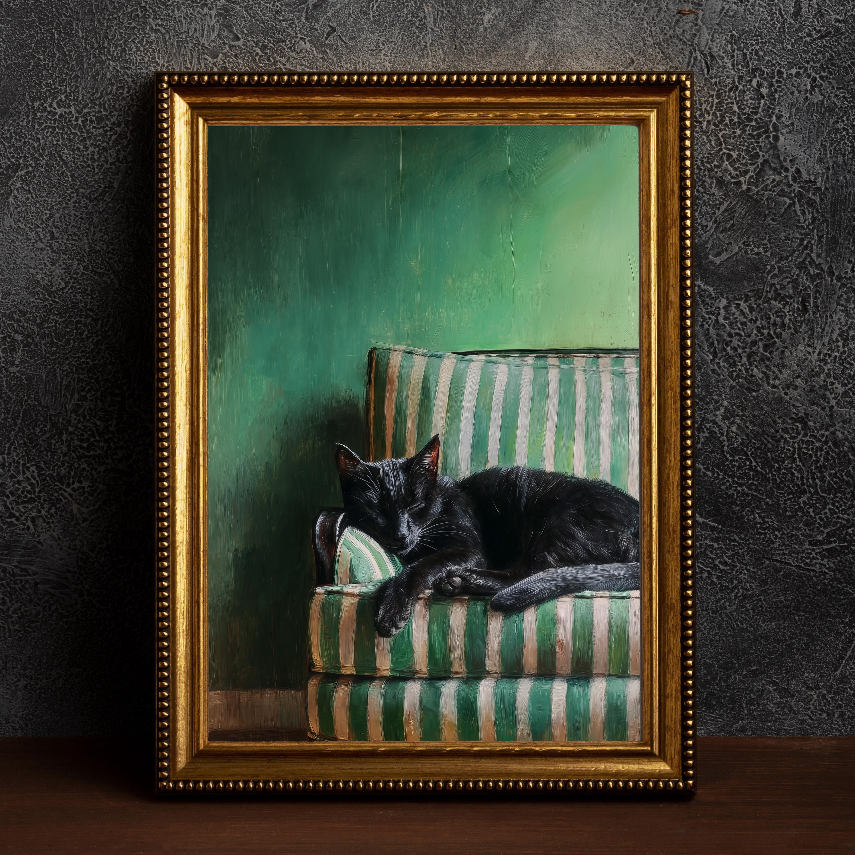 [UNFRAMED] Vintage Sleeping Black Cat Art, Dark Academia Lounge Print ...