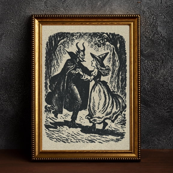 [UNFRAMED] Witch Dancing With the Devil Print, Vintage Woodcut Style Ink Occult Wall Art, Gothic Decor