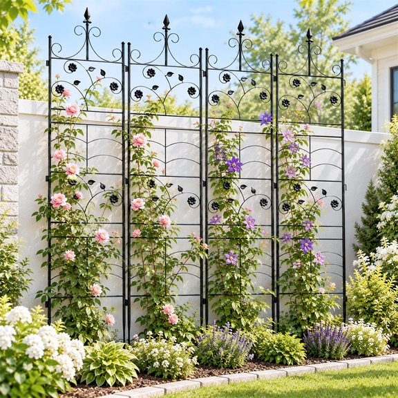 UNHO Garden Trellis for Climbing Plants, 4 Pack 84.65" Tall Metal Plant Support Trellis for Roses and Vines, Black
