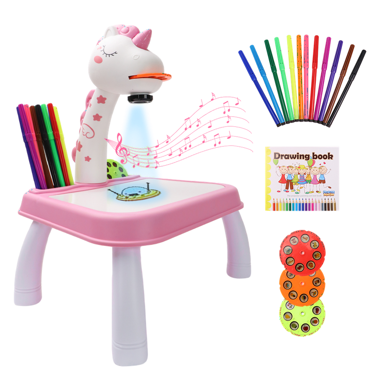 UNI Drawing Projector Toy,Kids Tracing and Drawing Projector Toy,Art Sketch  Projector with Light & Music Includes 12 Color Pens,3 Slides,Drawing  Book,Canvas(Pink) 