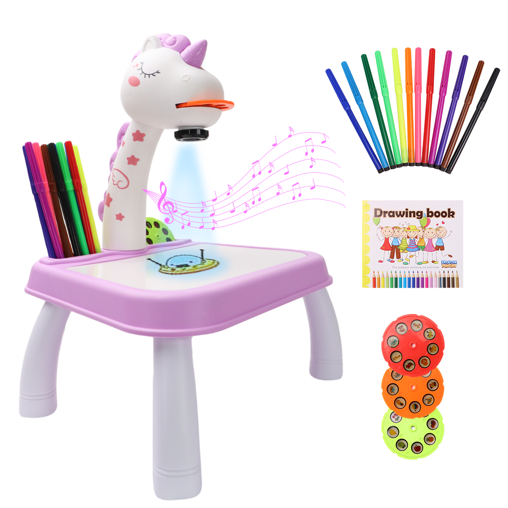 UNI Drawing Projector Toy,Learning Drawing Projector Toys for Kids,Art  Sketch Projector with Light & Music for Tracing Includes 12 Color Pens,3  Slides,Drawing Book,Canvas(Purple) 