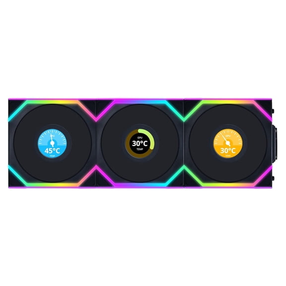 UNI Fan SL LCD Wireless 120 ARGB Fan - iple Pack - Normal Blade (NOT Reverse) - 1.6" LCD - 2.4 GHz Wireless Signal Con ol - Da y-Chain Design - Con oller Included - Black (12SLLCD1W3B)