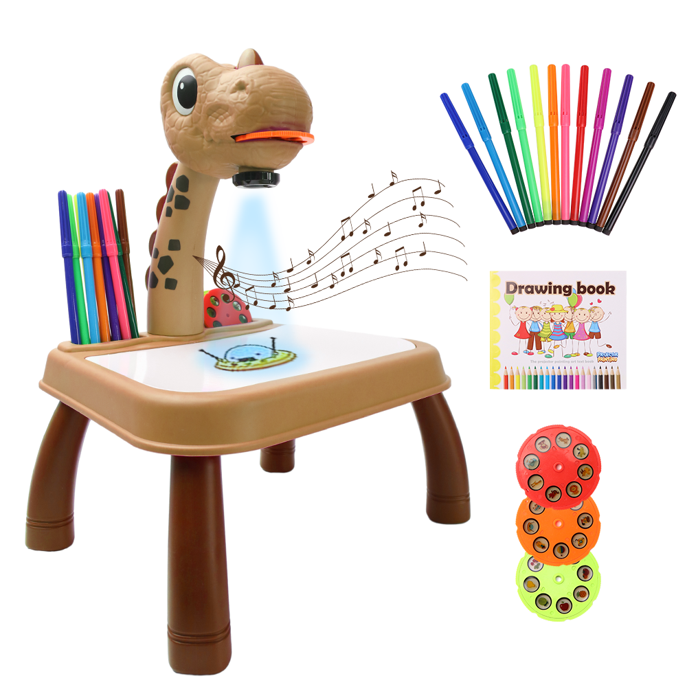 UNI Kids Drawing Projector Toy,Educational Drawing Projector Toys,Art  Sketch Projector with Light & Music for Tracing Includes 12 Color Pens,3  Slides,Drawing Book,Canvas(Brown) 