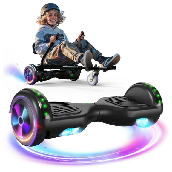 UNI-SUN Hoverboard with Go Kart, Bluetooth Hoverboard with Seat Attachment, 6.5" Wheels, Colorful LED Lights, Black