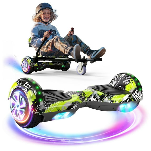 UNI-SUN Hoverboard with Go Kart, Bluetooth Hoverboard with Seat Attachment, 6.5" Wheels, Colorful LED Lights, Speed Green
