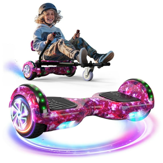 UNI-SUN Hoverboard with Go Kart, Bluetooth Hoverboard with Seat Attachment, 6.5" Wheels, Colorful LED Lights, Starry Purple
