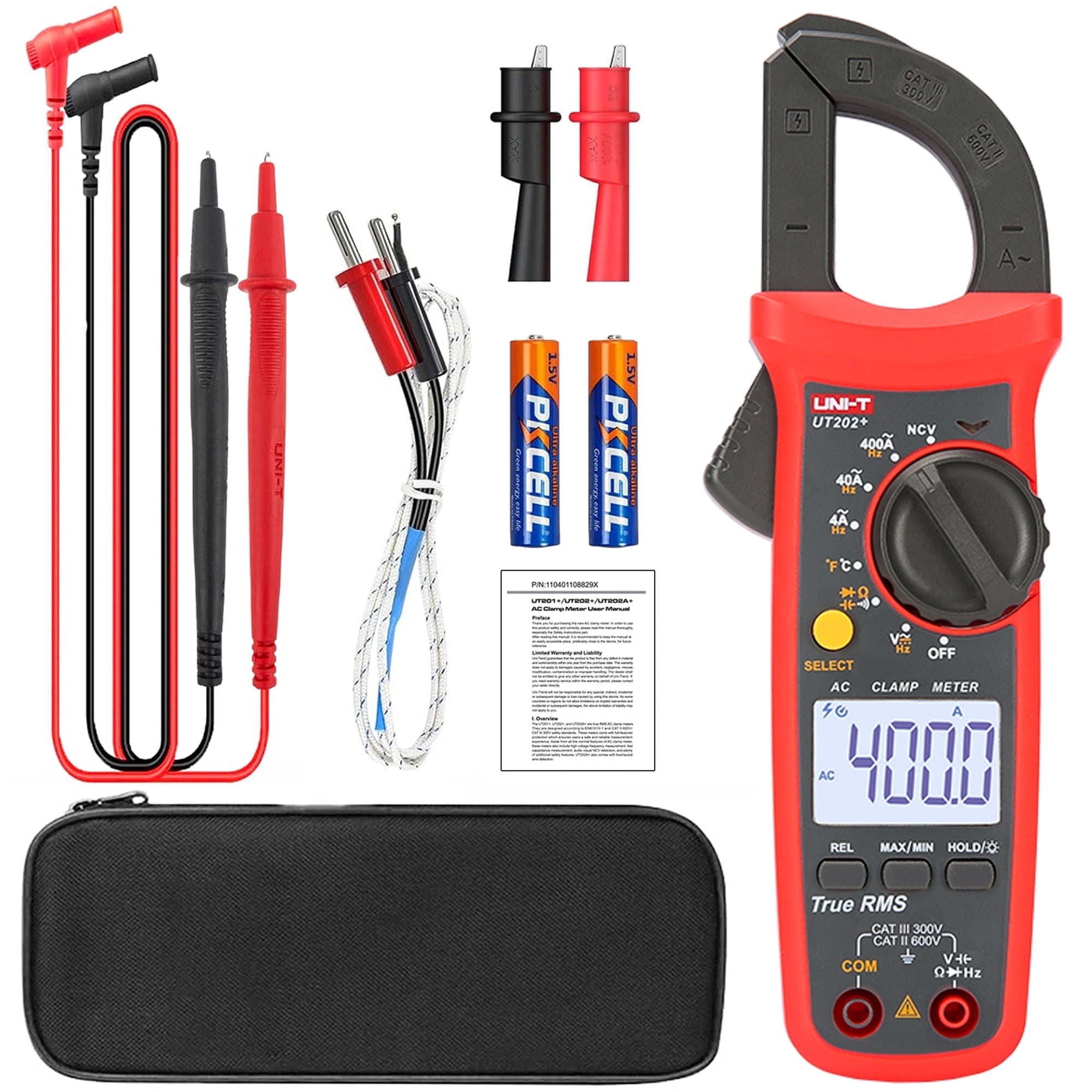 UNI-T 4000-Count Digital Clamp Multimeter UT202+ True RMS Clamp Meter 600V AC/DC Voltage,AC Current,NCV Capacitance Resistance Temperature Tester for Home Automotive DIY