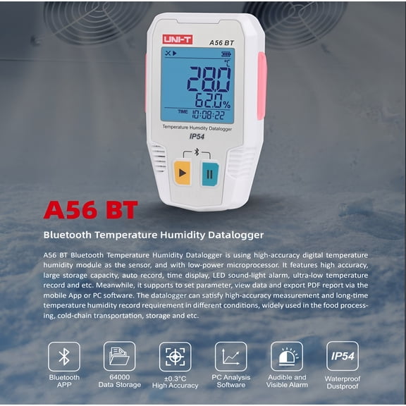 UNI-T UNI-TREND A56 BT Temperature Humidity Datalogger;64000 data storage/Bluetooth to PC communication(A56 BT)