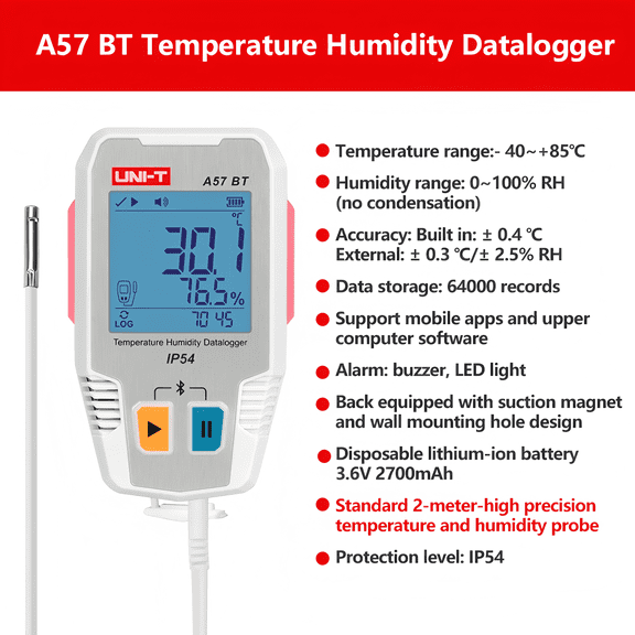 UNI-T UNI-TREND A57 BT Temperature Humidity Datalogger;64000 data storage/Bluetooth to PC communication(A57 BT)