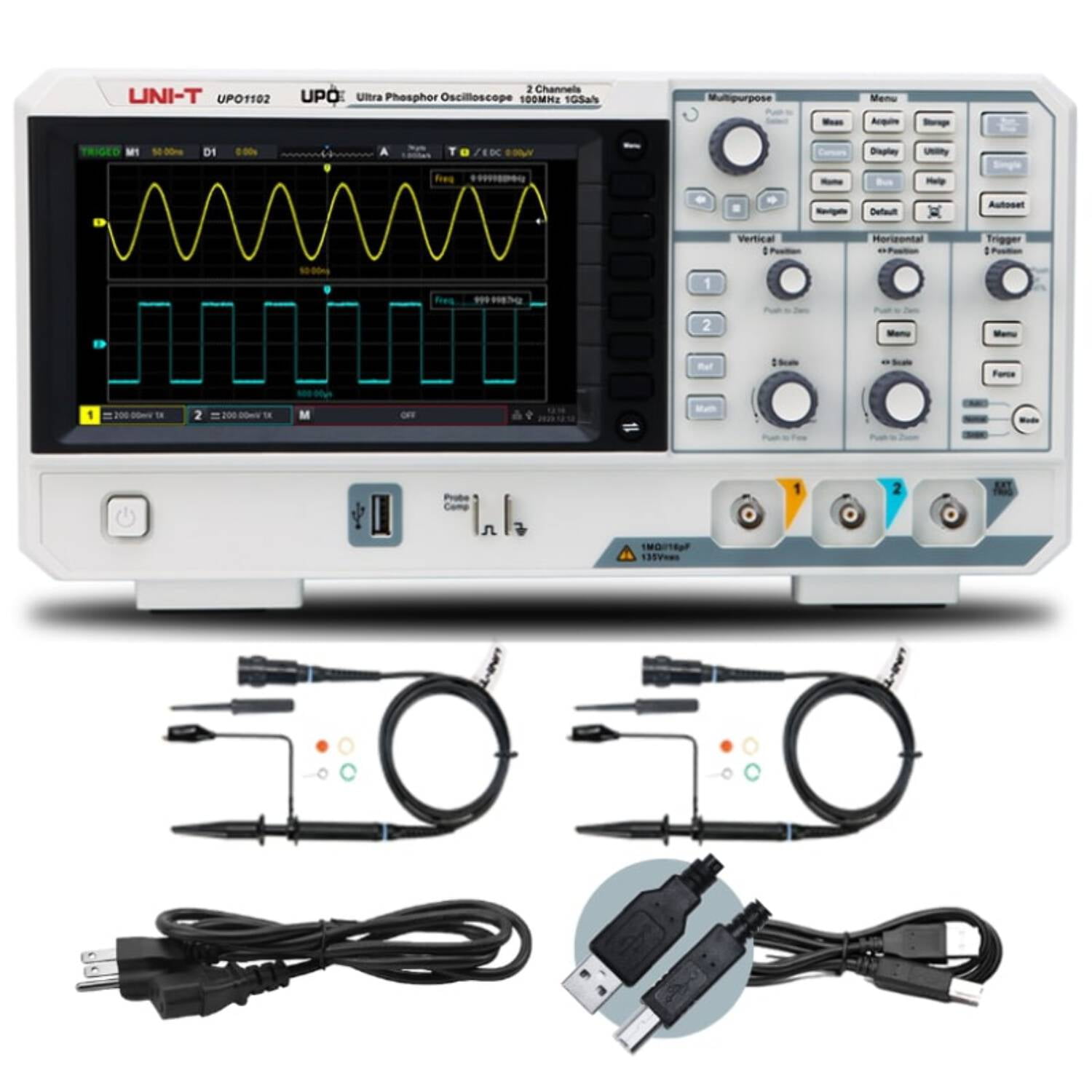 UNI-T UPO1102 100MHz 2Ch DSO Ultra Phosphor Digital Oscilloscope 1 GSa/s Memory Depth 56 Mpts 500,000 wfm/s 7in display 1Mpts FFT Sampling Points