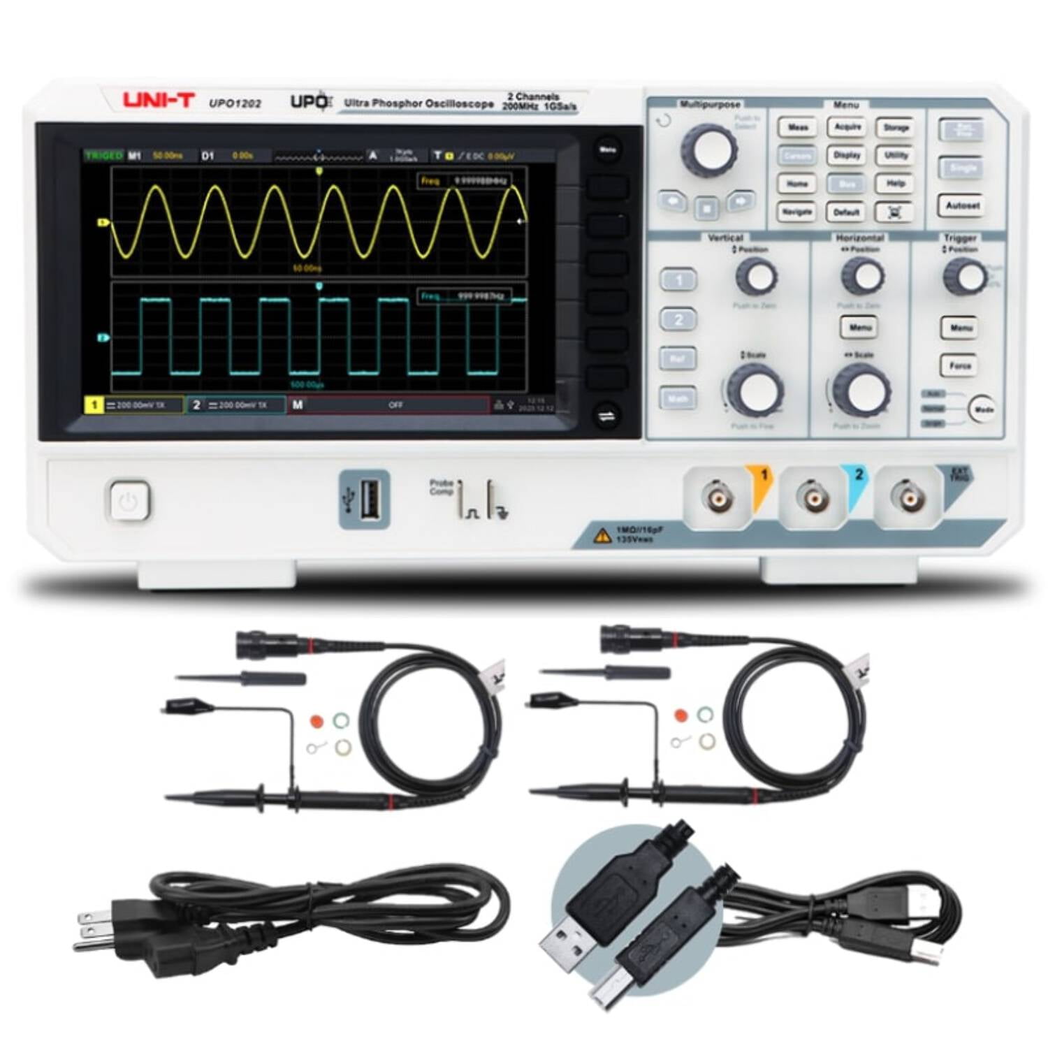 UNI-T UPO1202 200MHz 2Ch DSO Ultra Phosphor Digital Oscilloscope 1 GSa/s Memory Depth 56 Mpts 500,000 wfm/s 7in display 1Mpts FFT Sampling Points