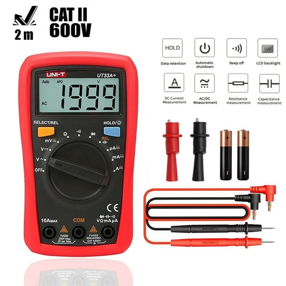 UNI-T UT33A+ Digital Multimeter with Backlight Auto Ranging AC DC Voltmeter Ammeter 2mF Capacitance Test LCD Display Multimeter Resistance Range 200MΩ