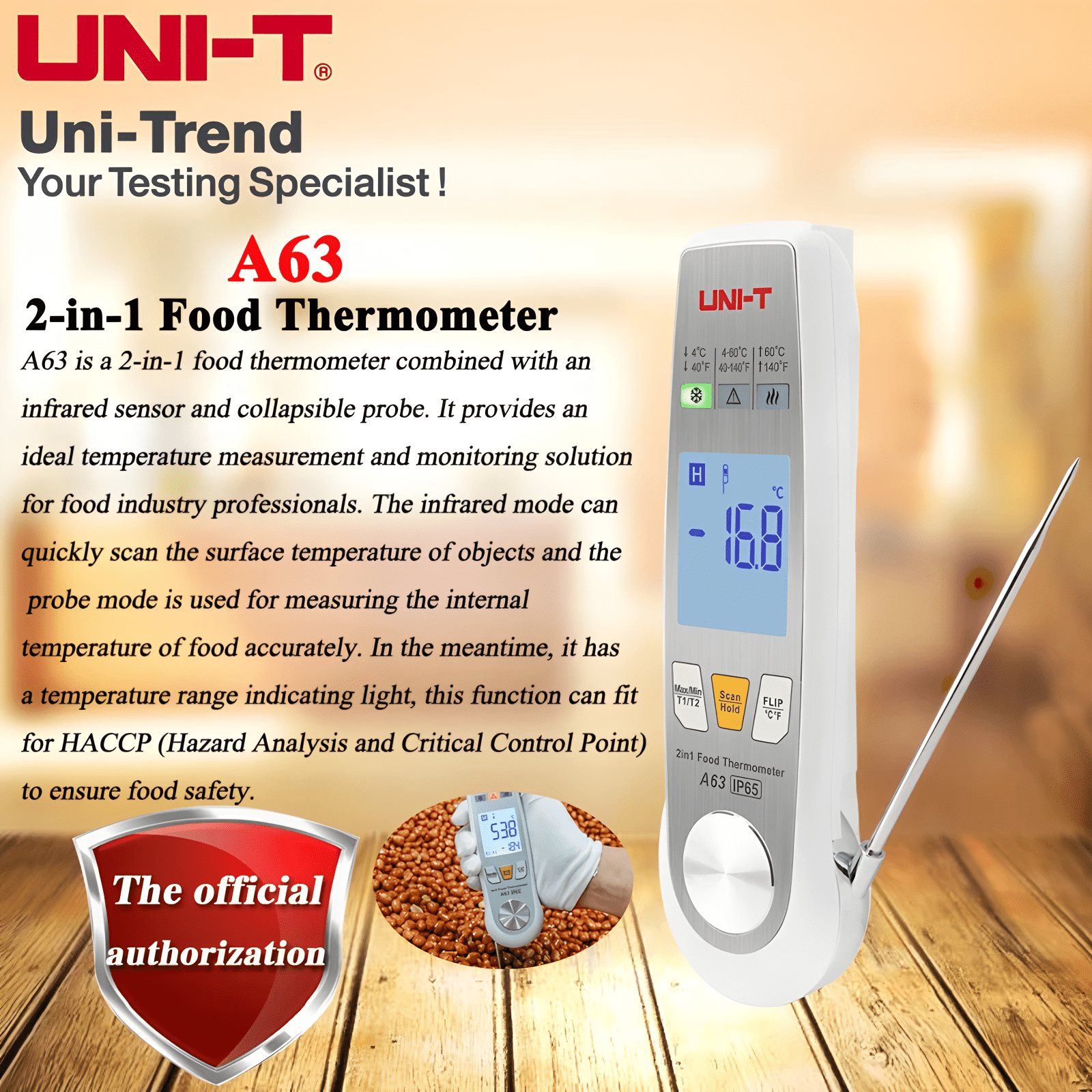 UNI-T Uni-trend A63 High Accuracy 2-in-1 Food Thermometer/Infrared and Probe Temperature Measurement/Coffee Food Temperature Detection