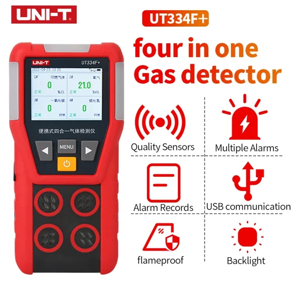 UNI-T Uni-trend Gas Leak Detector UT334F Handheld 4 in 1 Air Quality Monitor Carbon Monoxide Detector H2S O2 EX Gas Tester(UT334F)